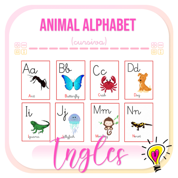 Abecedario en Inglés de Animales en Cursiva. - Juegos y Juguetes para Despertar la Imaginación de los Pequeños