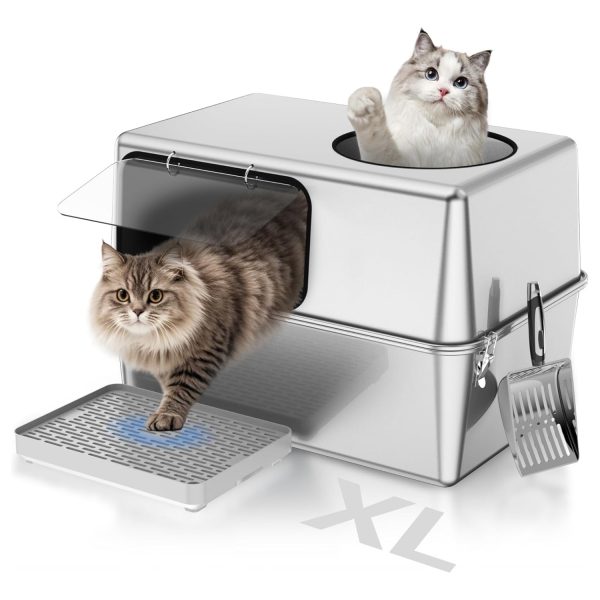 Arenero Cerrado de Acero Inoxidable con Doble Entrada para Gatos 60x40x40 Cm - Top Alimentos en Oferta – Envío Gratis por Tiempo Reducido