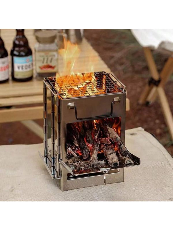 Estufa de Acero Inoxidable Plegable para Camping - Mini Parrilla Portátil 3 en 1 para Cocinar, Hervir Agua y Barbacoas - Estufa de Leña Compacta para Exteriores y Senderismo - Deporte y Outdoor al Mej