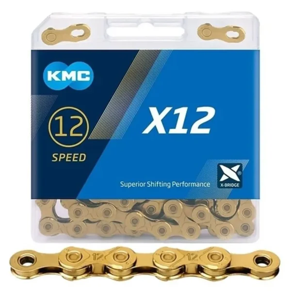Cadena KMC 12V X12 Oro/Negra Compatible con Shimano/Sram 126L - Tienda outdoor: aventura, montaña y naturaleza