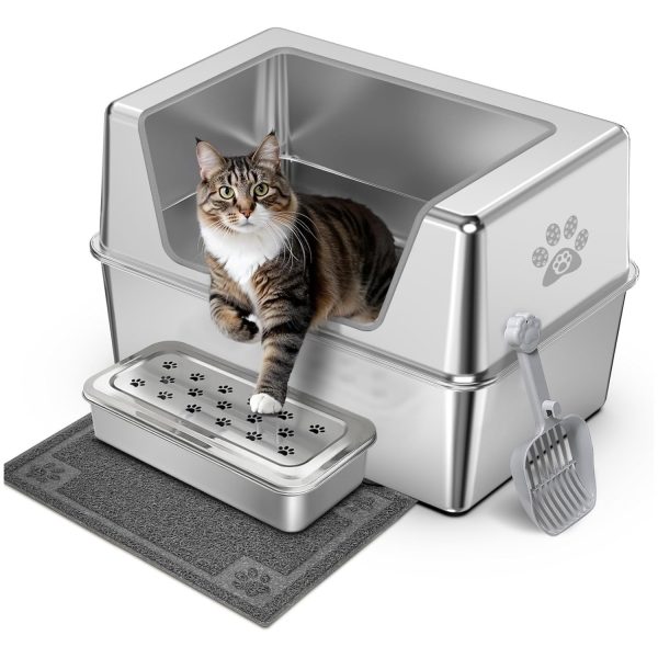 Arenero Abierto Alto Grande de Acero Inoxidable para Gatos + Alfombra y Pala - Top Alimentos en Oferta – Envío Gratis por Tiempo Reducido